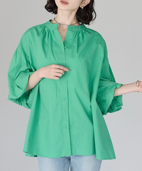 セール】スタンドカラー5分袖バルーンスリーブコットンブラウス