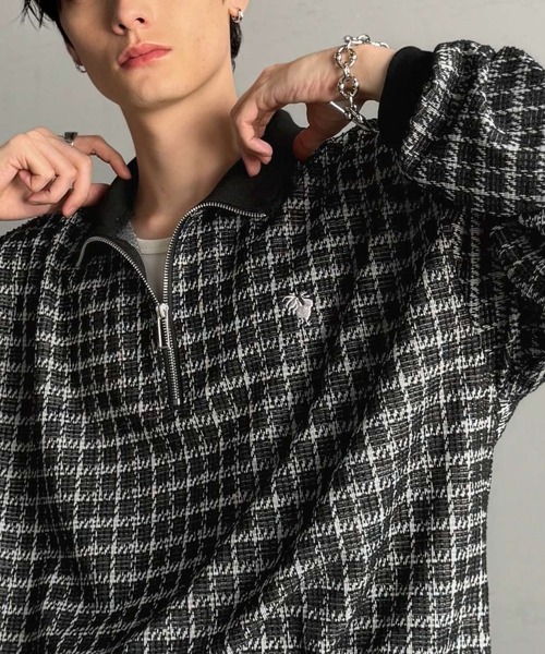 セール】「裾ドロスト付き。」ツイード素材ハーフジッププルオーバー