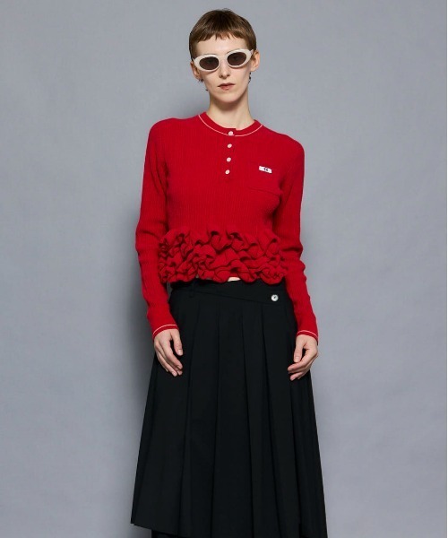 Ruffled Hem Chenille Knit Tops/ラッフルヘムモールニットトップス