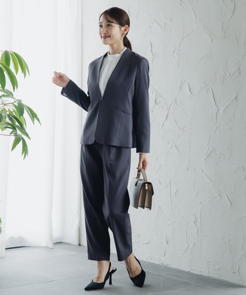 小さいサイズ 【レディーススーツ】パンツスーツ2点セット（ノーカラー