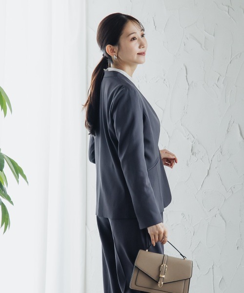 小さいサイズ 【レディーススーツ】パンツスーツ2点セット（ノーカラー