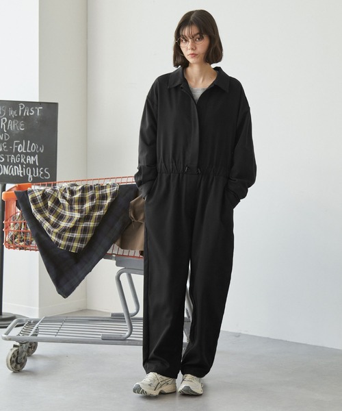 比翼デザイン ドローコード付きジャンプスーツ（つなぎ/オールインワン