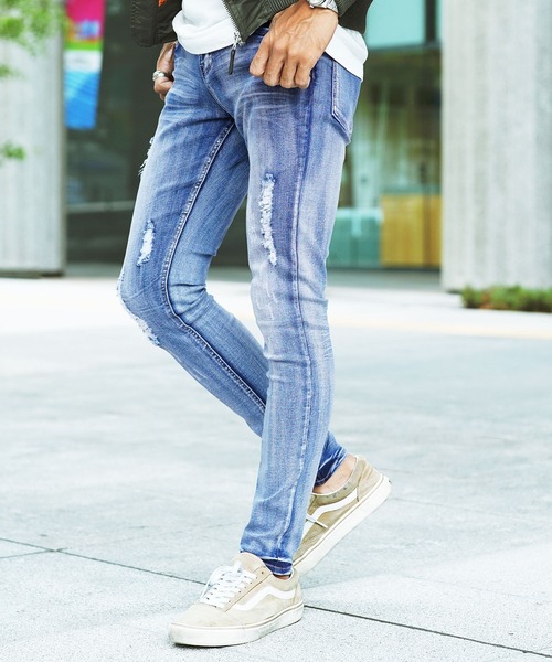 セール】ストレッチダメージジーンズ クラッシュ スキニーデニムパンツ