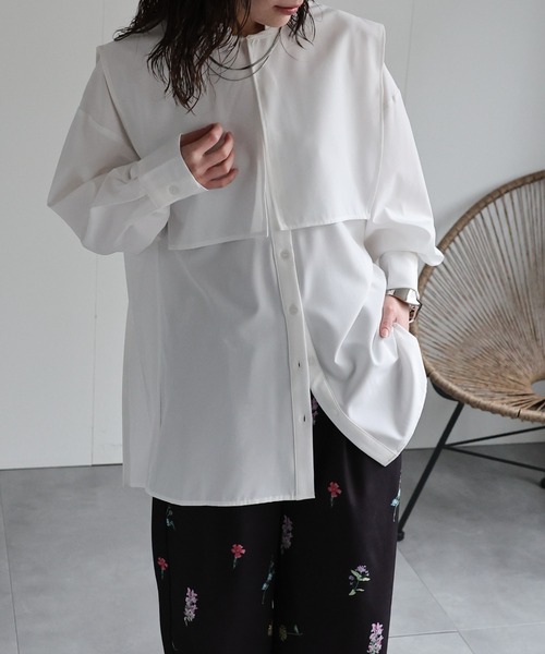 セール】【選べる】バックプリーツバンドカラーシャツ 襟付き（シャツ