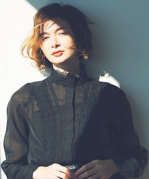 人気完売品＊タグ付 かぐれ コットンオーガンジーブラウス F 黒 長袖