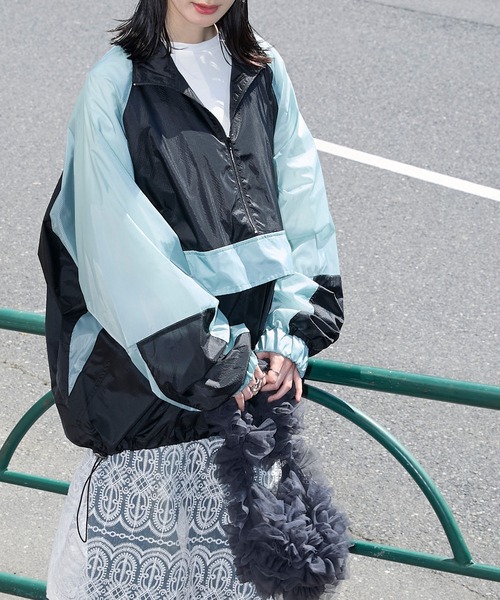 forksy.】シアーナイロンハーフジップ配色アノラックジャケット forksy