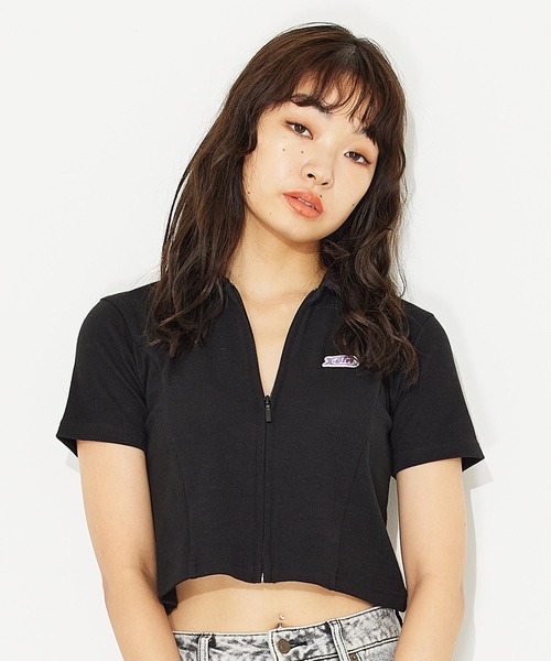 X-girl（エックスガール）の「FULL ZIP S/S TOP/ジップアップトップス