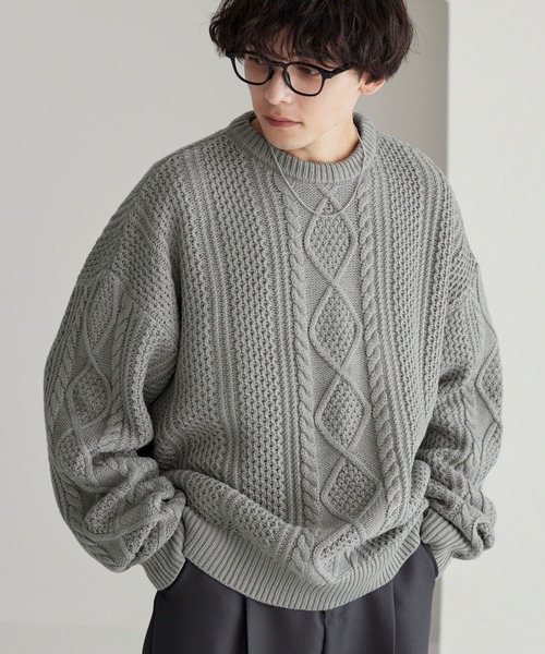 ケーブル編みボリュームルーズプルオーバーニット（ニット/セーター