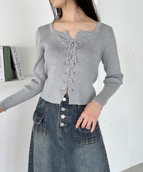 セール】レースアップ長袖ニットトップス（Tシャツ/カットソー）｜CLEA