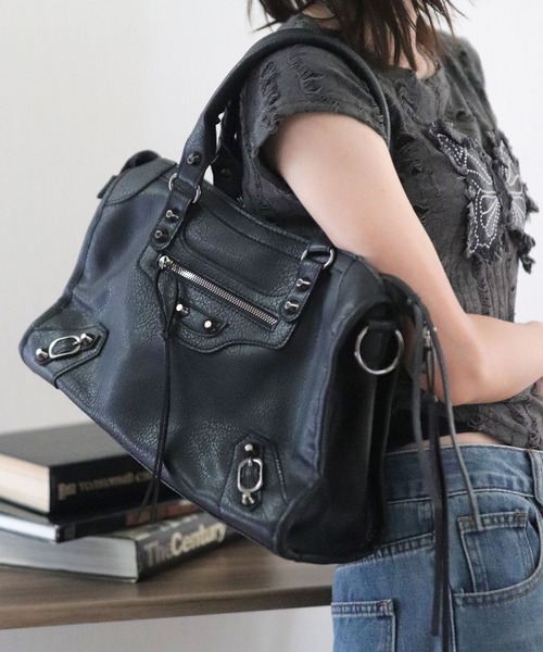 セール】2WAY グランジレザーサンカクスタッズ ボストンバッグ