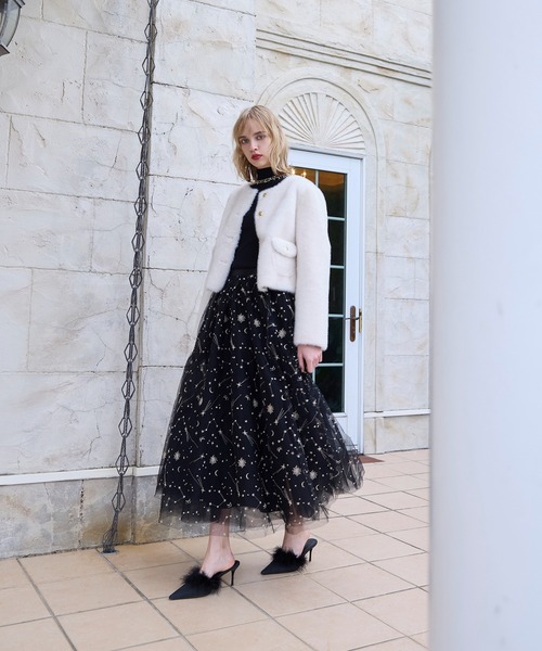 ゴールドボタンフェイクファージャケット（ノーカラージャケット