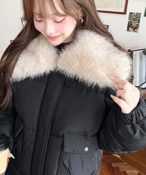 セール】ファー付きビックカラーショート丈ファイバーダウンブルゾン