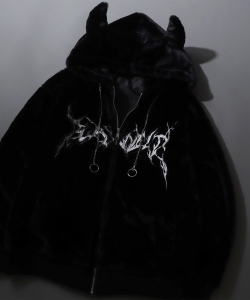 セール】Darkness Design Fur Zip Hoodie with Devil's Horn