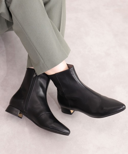 セール】メタルプレートヒール ソフトポインテッドトゥショートブーツ