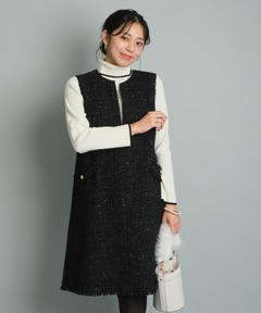 セール】【LEJA】ラメ混ツイードレザーパイピングパール釦スパンコール