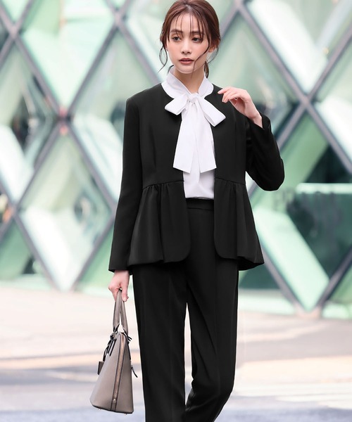 セール】【3点セット】ペプラムノーカラージャケット ボウタイブラウス