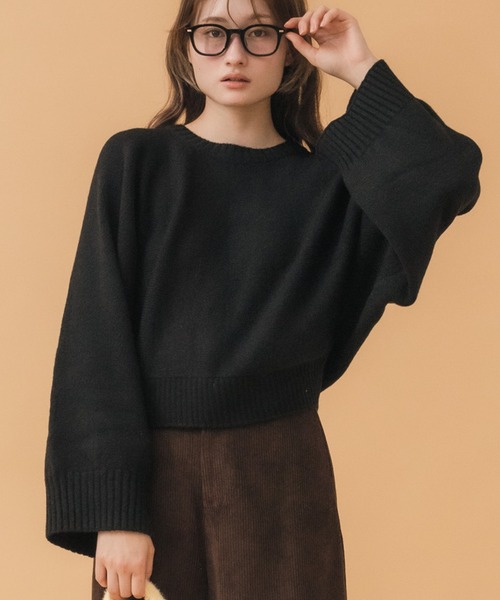 セール】フレアスリーブニットトップス / ブラック チャコール ワイド