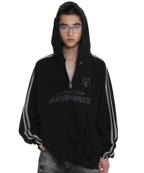 オーバーサイズ ラグラン サイドライン ダメージ加工 ZIPパーカー