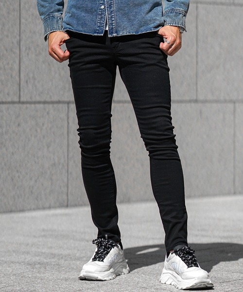 SOMEDIFF】極細 ストレッチスキニーデニムパンツ ブラック系 メンズ