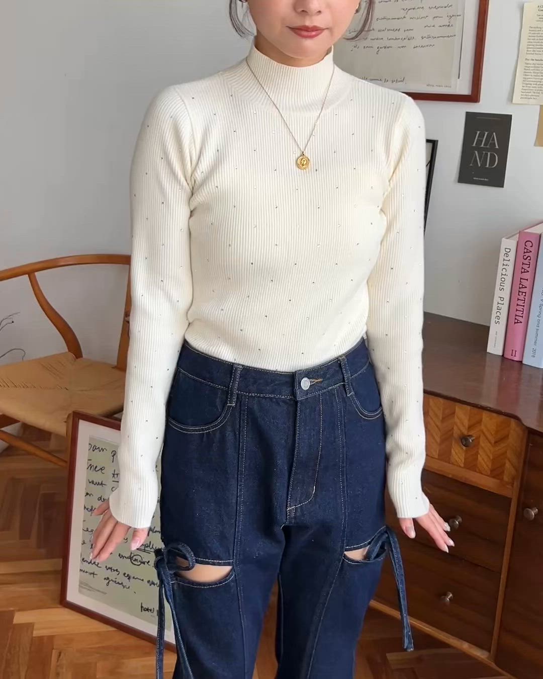 セール】ラインストーンハイネックニットプルオーバー（ニット