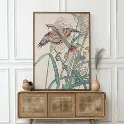 秋に ススキと野鳥の日本画アートポスター☆浮世絵和モダン大正ロマン