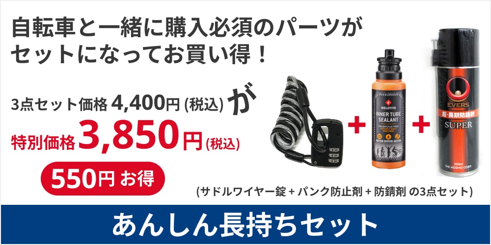 あんしん長持ちセット（パンク防止剤 + 防錆剤 + サドルワイヤー錠 の3