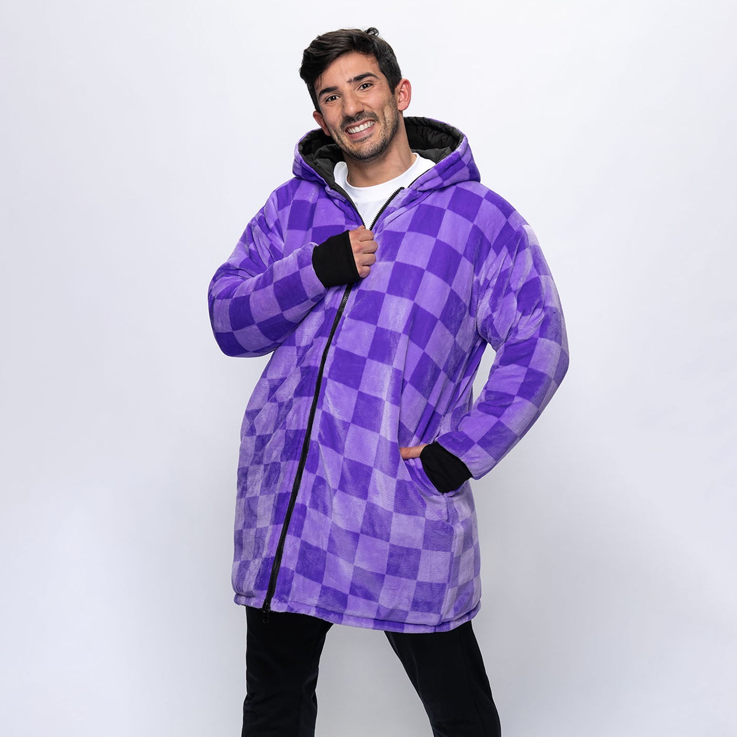 Black/Lilac Checker Print Long Puffer Jacket – The Oodie Canada