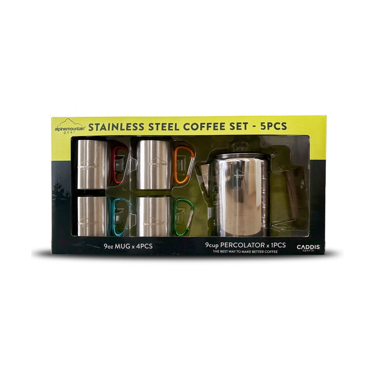 Stainless Steel Coffee Set - Percolator and Mugs - 5 Piece Set