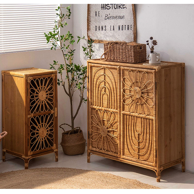 キャビネット サイドボード タンス ラタン デザイン扉 収納 レトロ