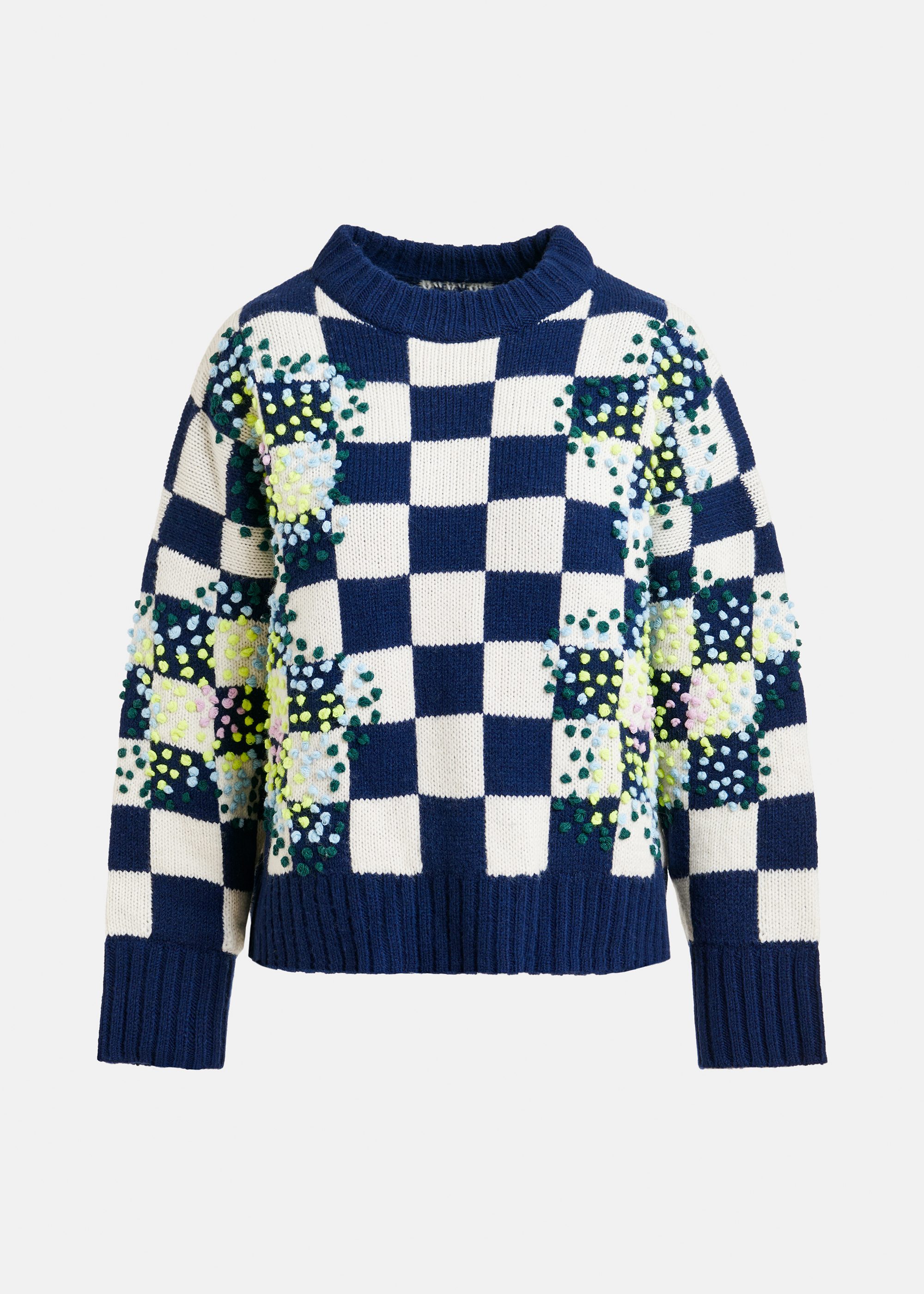 Navy, off-white and yellow checkerboard floral jacquard knit