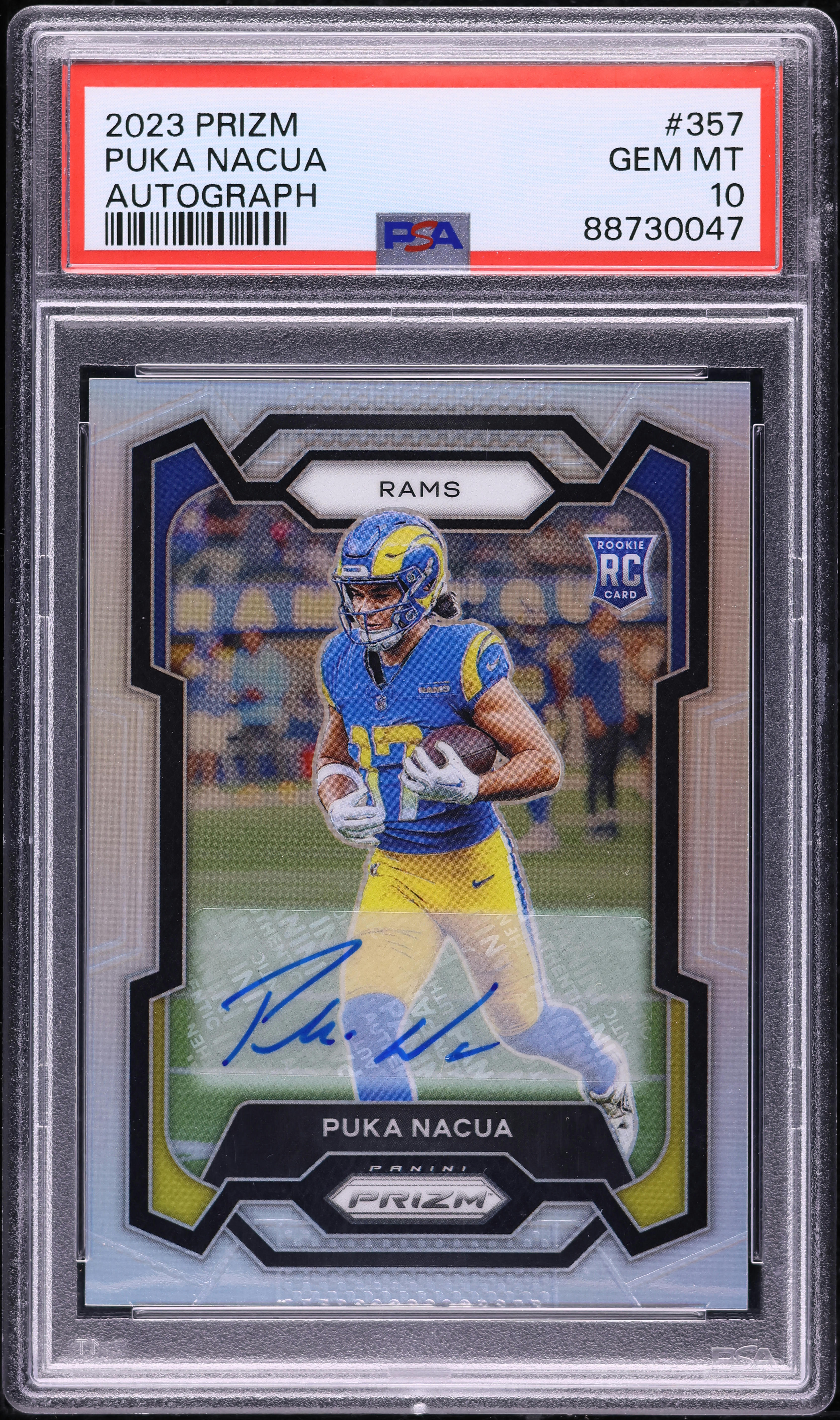 2023 Panini Prizm Silver Puka Nacua ROOKIE AUTO #357 PSA 10 GEM