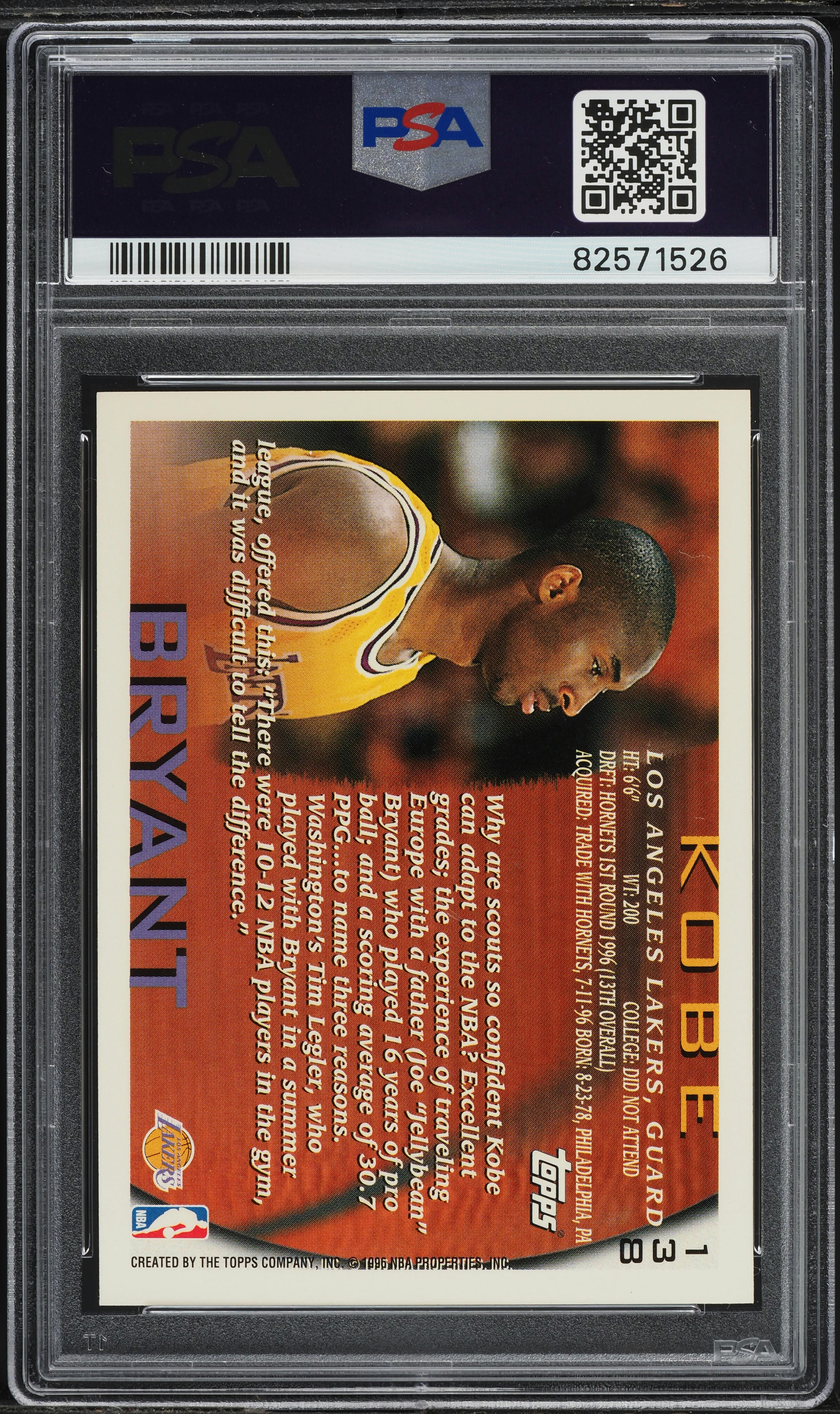 1996 Topps Basketball Kobe Bryant ROOKIE #138 PSA 8 NM-MT on