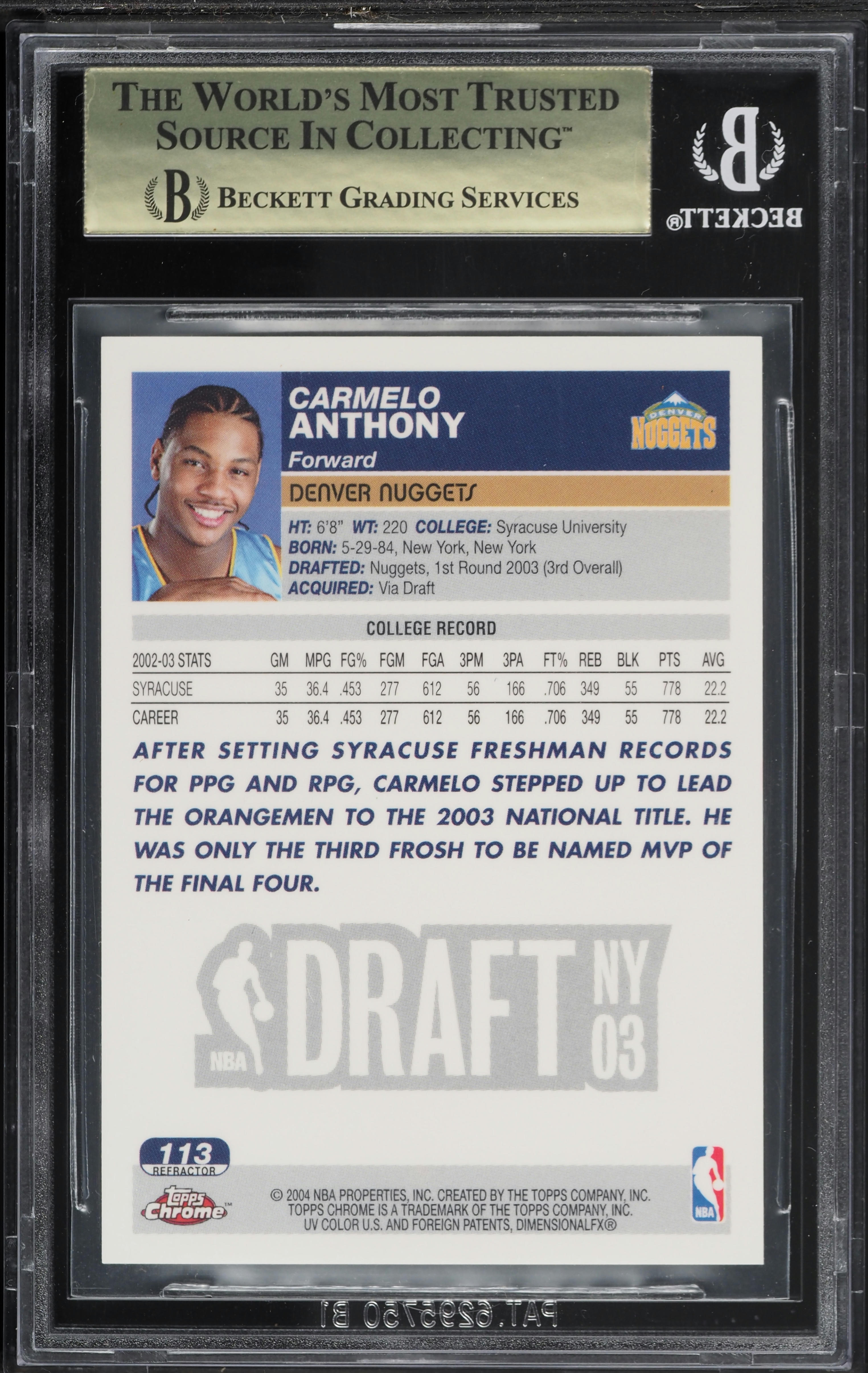 2003 Topps Chrome Refractor Carmelo Anthony ROOKIE #113 BGS 9.5
