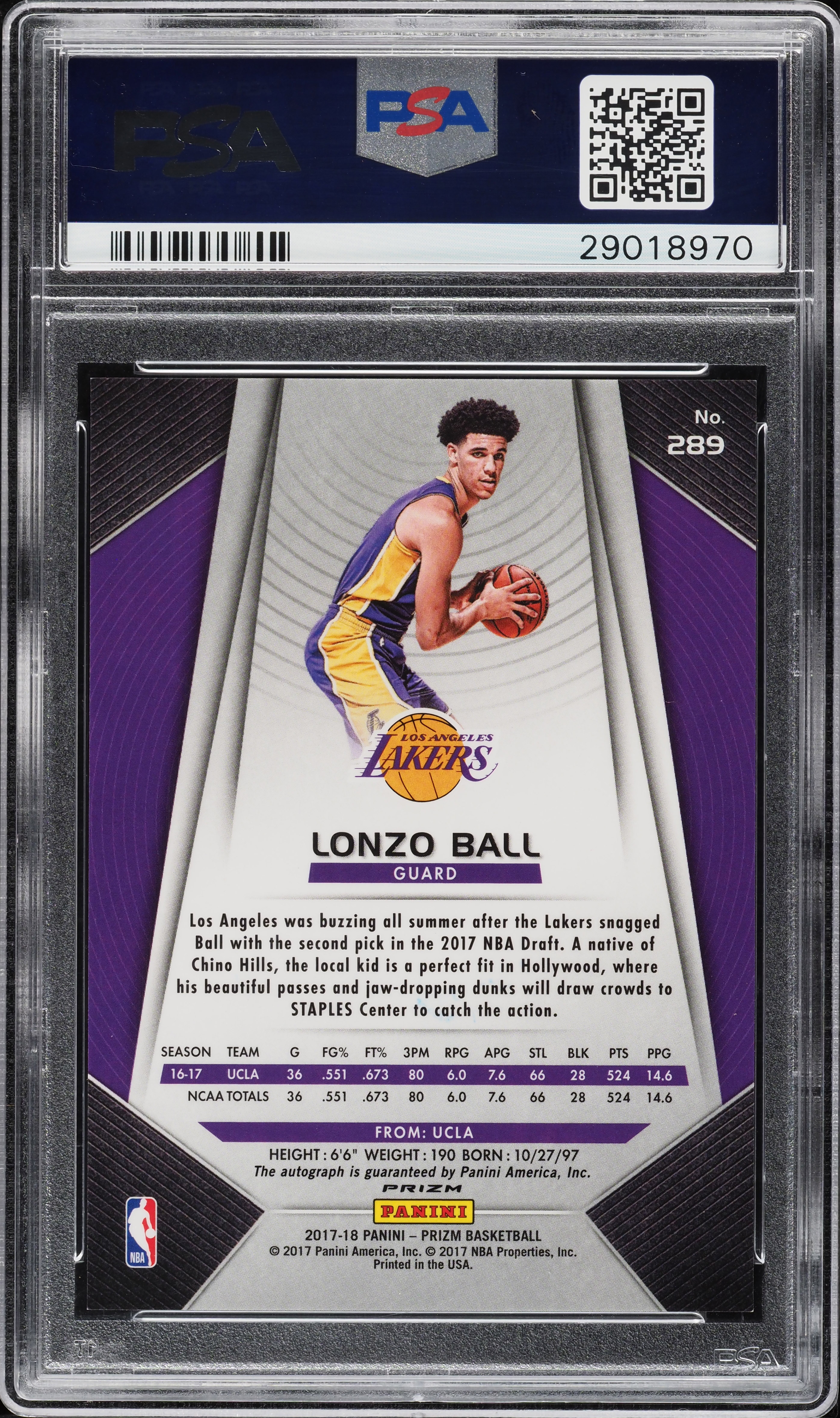 2017 Panini Prizm Lonzo Ball ROOKIE RC AUTO #289 PSA 10 GEM MINT