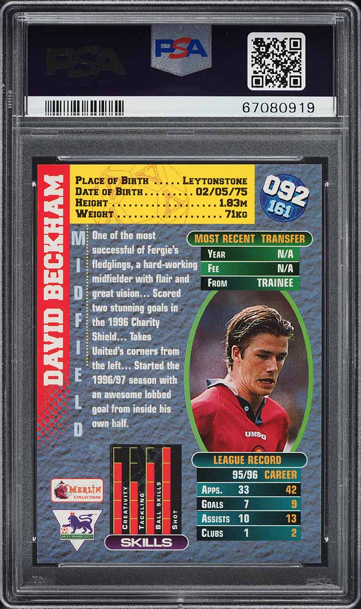1996 Merlin's Premier Gold David Beckham ROOKIE #92 PSA 9 MINT on