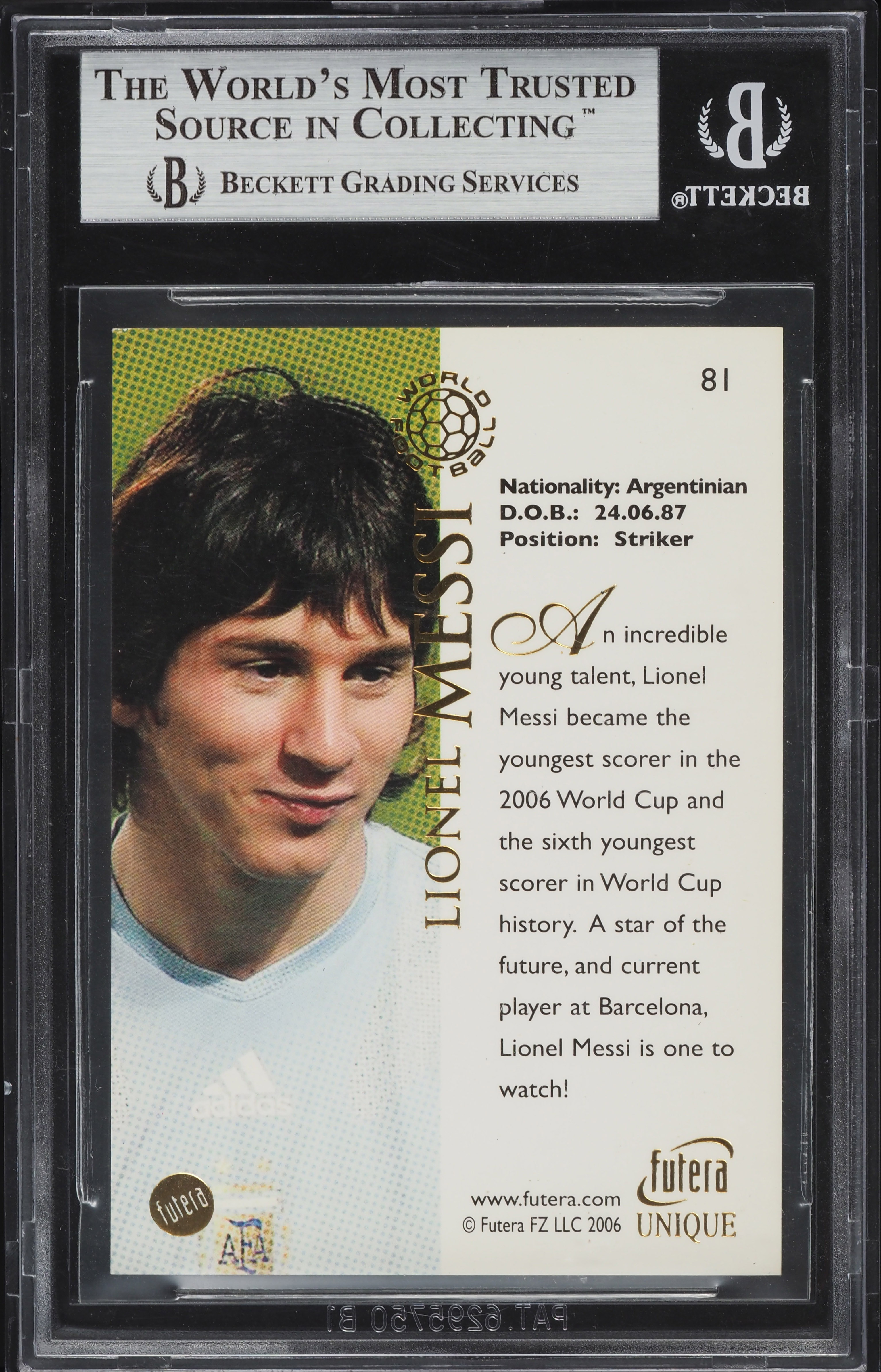 2007 Futera World Football Unique Lionel Messi #81 BGS 9 MINT on