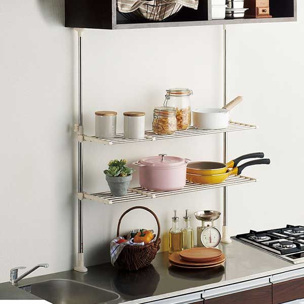 ベストコ ステンレス つっぱりキッチンラック 2段 伸縮棚 ワームグレー