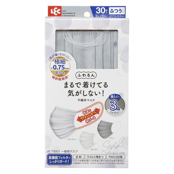 レック ふわるんNマスクSTYLISH 3色アソート30枚 耳にやさしい 3層構造