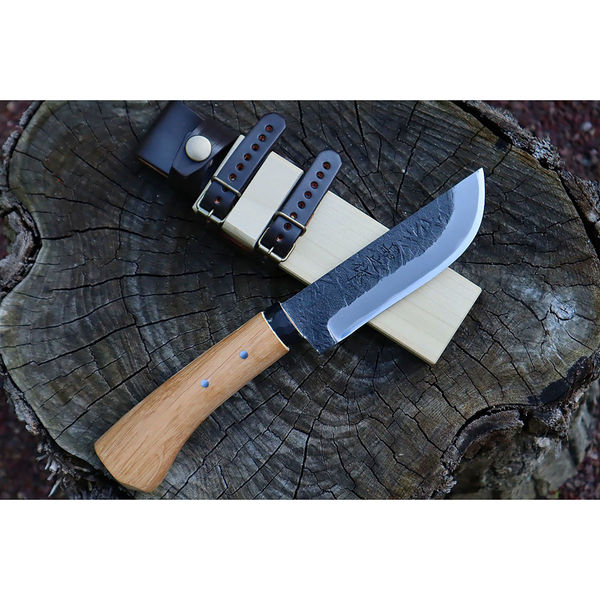 トヨクニ キャンプ剣鉈 120 白鋼 黒槌目 黒丸輪 樫柄 木鞘革バンド 晶