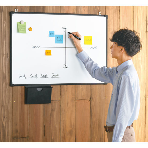 プラス 壁掛けホワイトボード ブラックフレーム ボックス付 1800×900mm