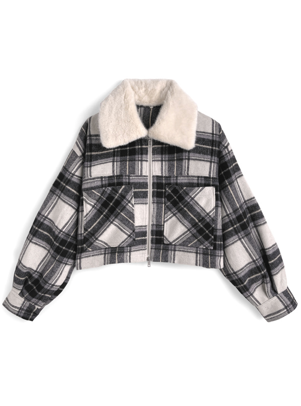 ファーティペット付きチェック柄ダブルジップジャケット[cc132