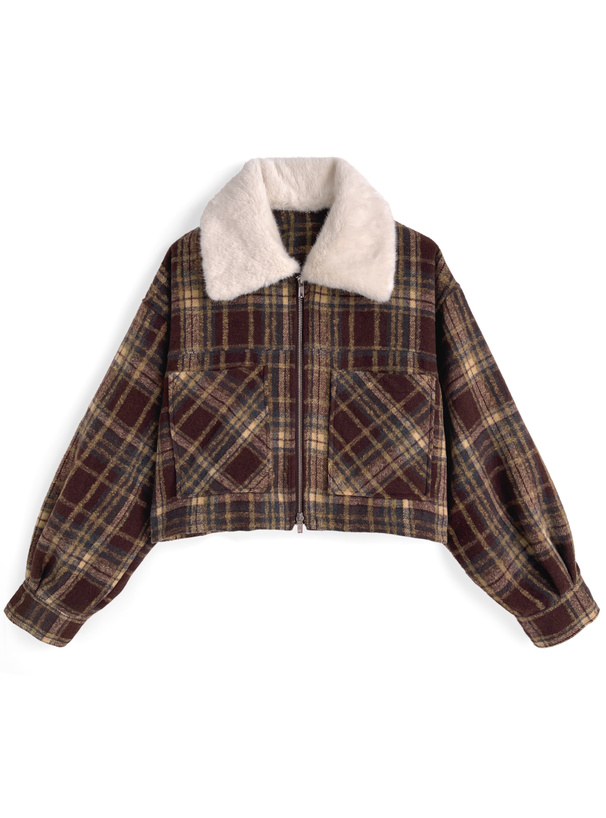 ファーティペット付きチェック柄ダブルジップジャケット[cc132