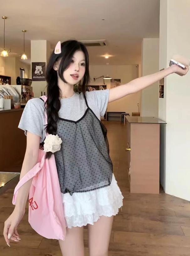 ドット柄チュールキャミビスチェ×Tシャツアンサンブル[ac2410