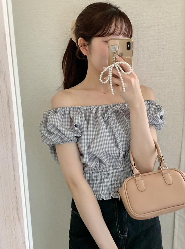 チェック柄オフショルダーリボンショート丈トップス[at2072