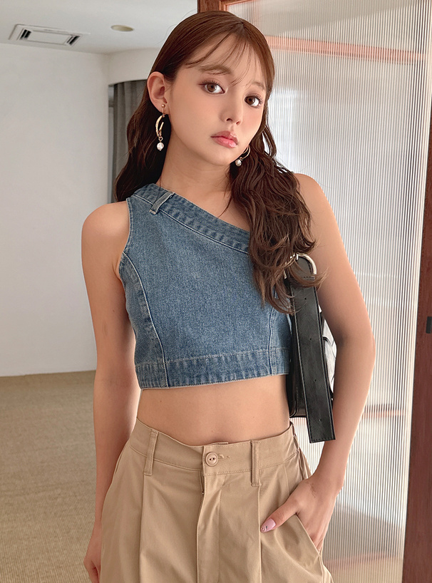 ワンショルダークロップド丈デニムトップス[gn235] | レディース