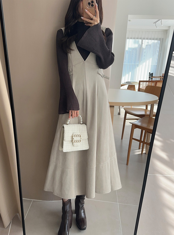 サイドベルトスエードポンチフレアジャンパースカート[dk933a