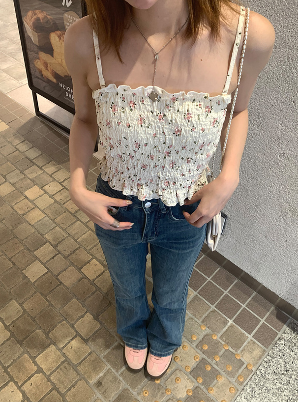 カップ付き花柄シャーリングキャミソール[dk1124] | レディース