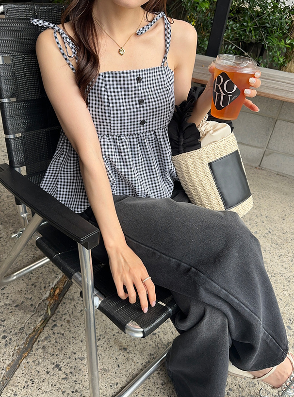 ギンガムチェック柄リボンストラップキャミソール[dk1496