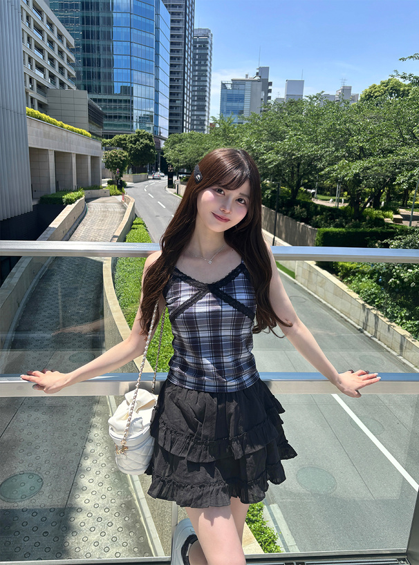 カップ付きレースチェック柄キャミソール[dk1516] | レディース