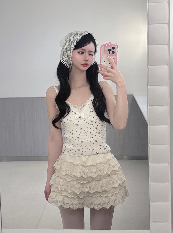 花柄レースリボンクロップド丈キャミソール[dr729] | レディース